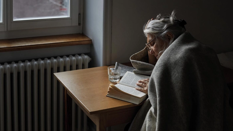 Eine Seniorin mit Decke und Tee liest ein Buch.