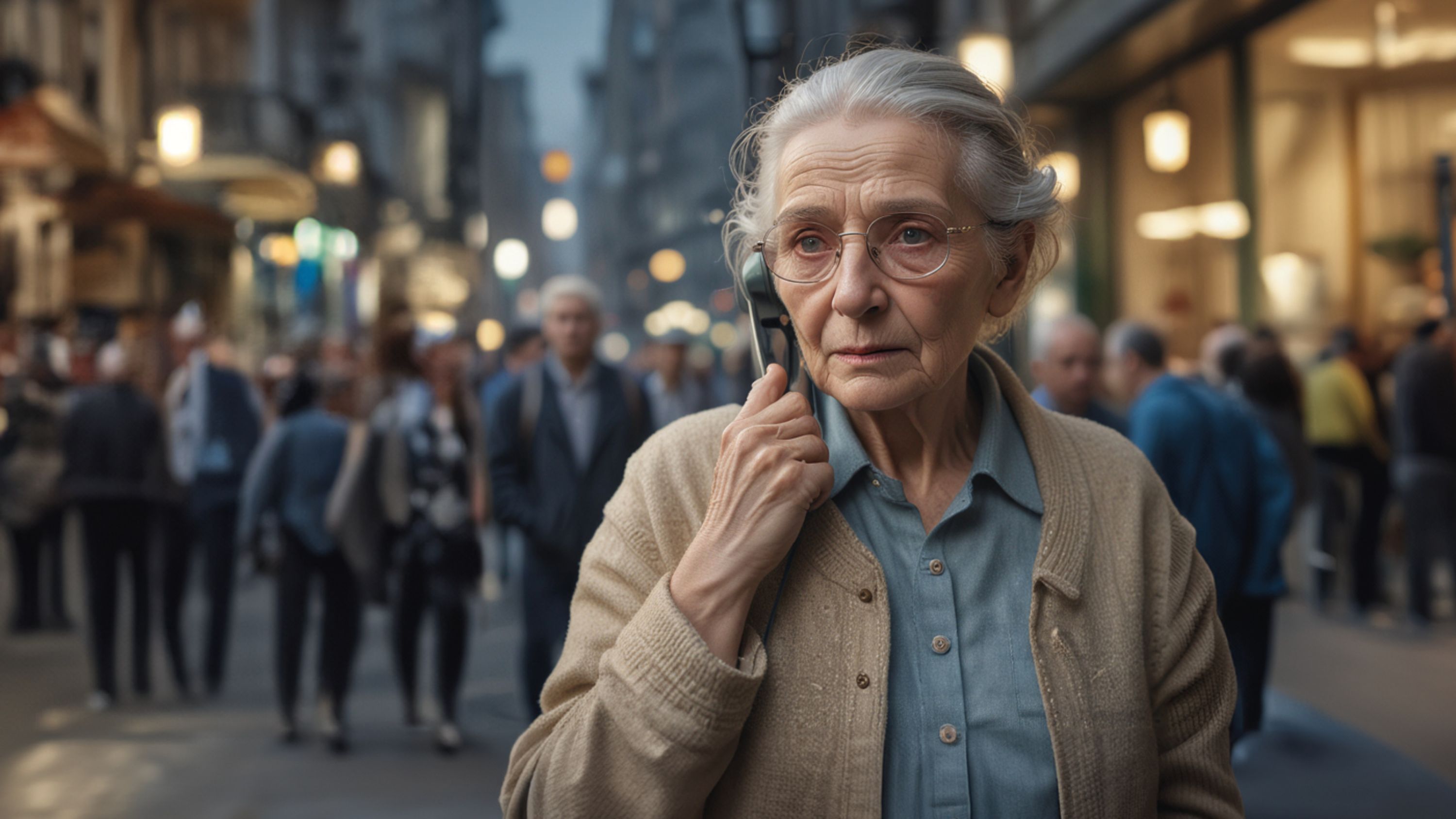 Une femme âgée se tient dans la rue et est au téléphone