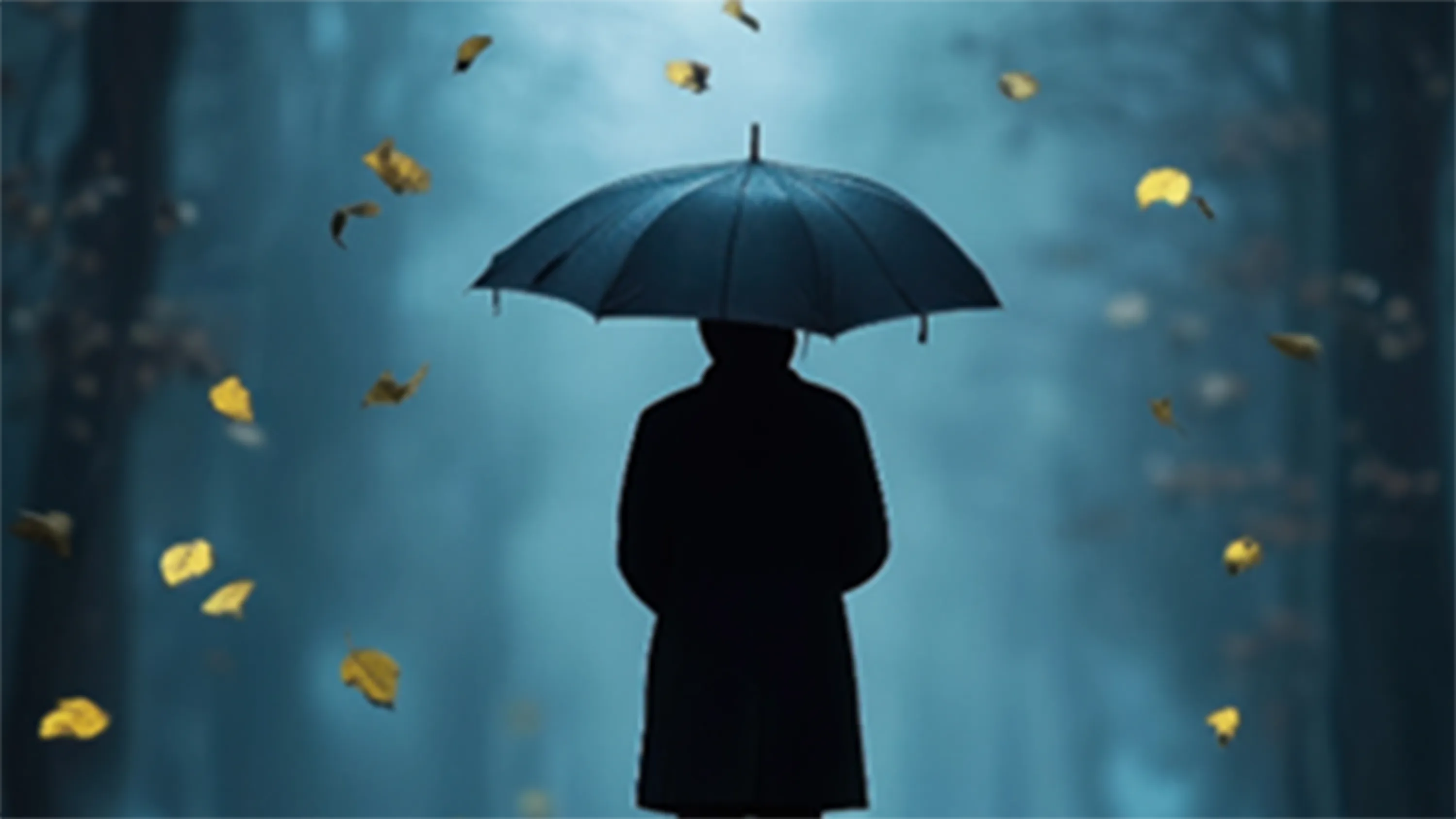 Mann bei Nacht im Wald von hinten mit Regenschirm 