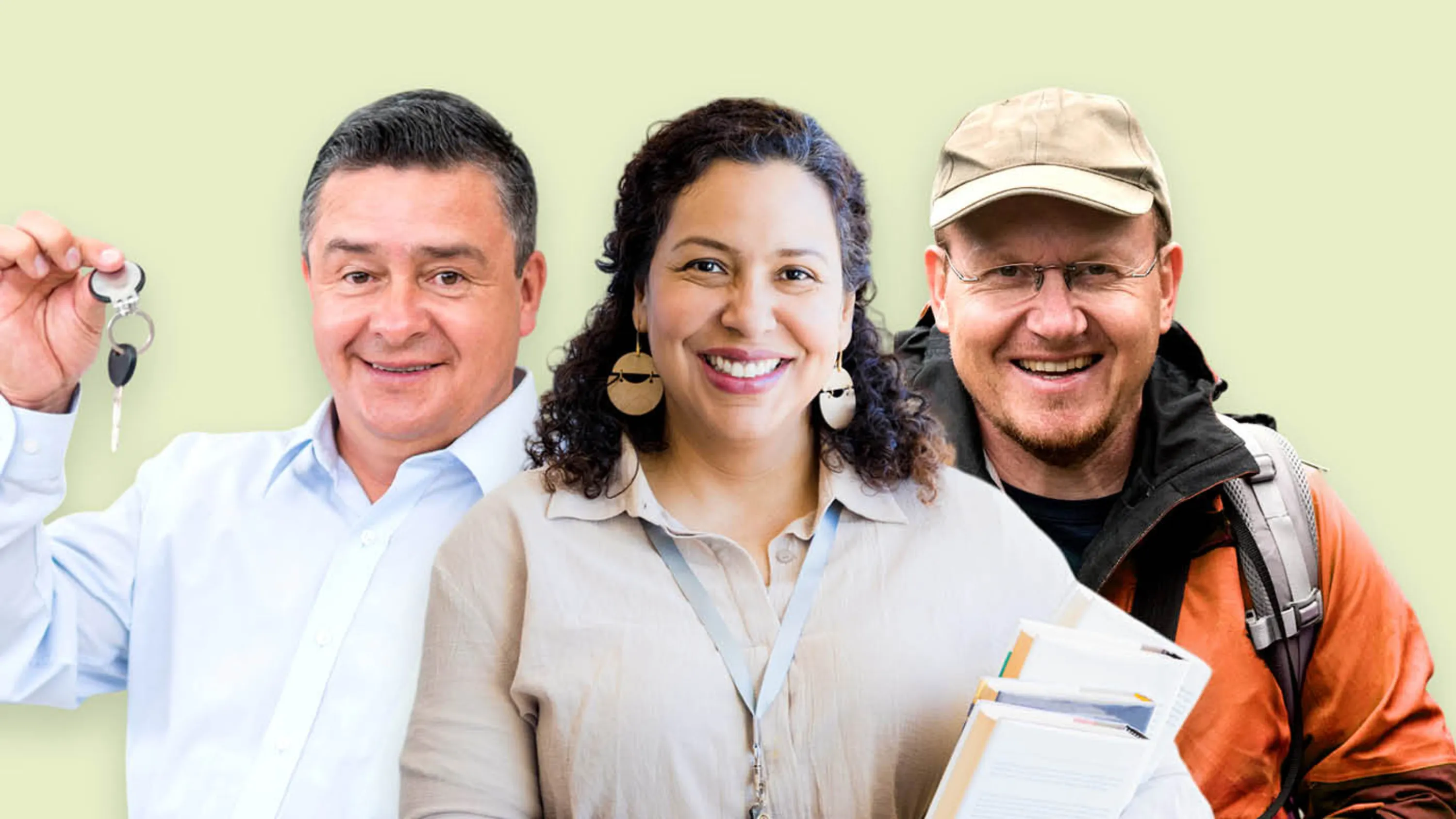 Drei Personen vor grünem Hintergrund - Symbolbild für Fahrdienst, Buchhaltungshilfe und Wandergruppen