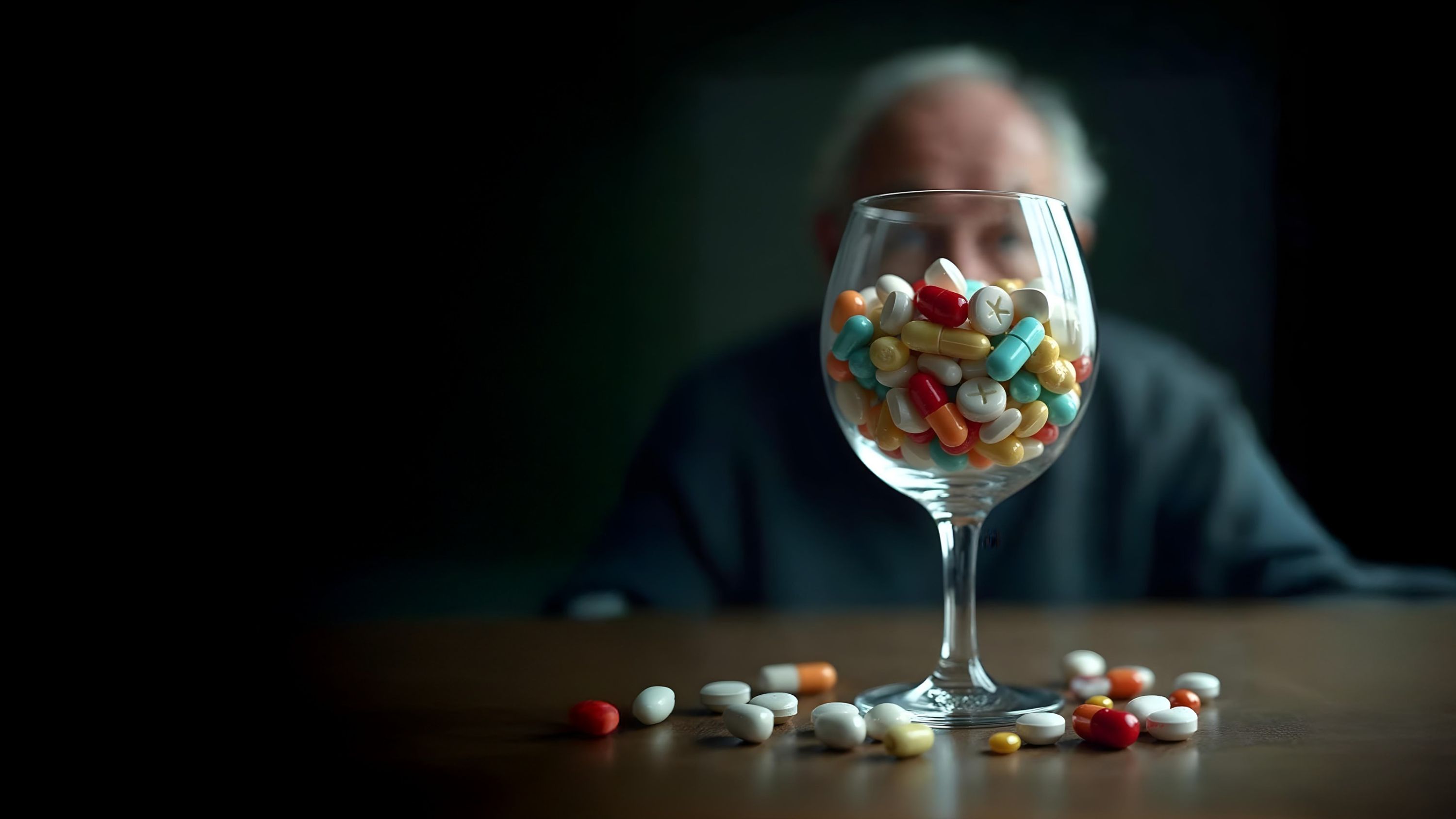 Un homme âgé est assis au bar et regarde des verres à liqueur vides et pleins d'alcool.