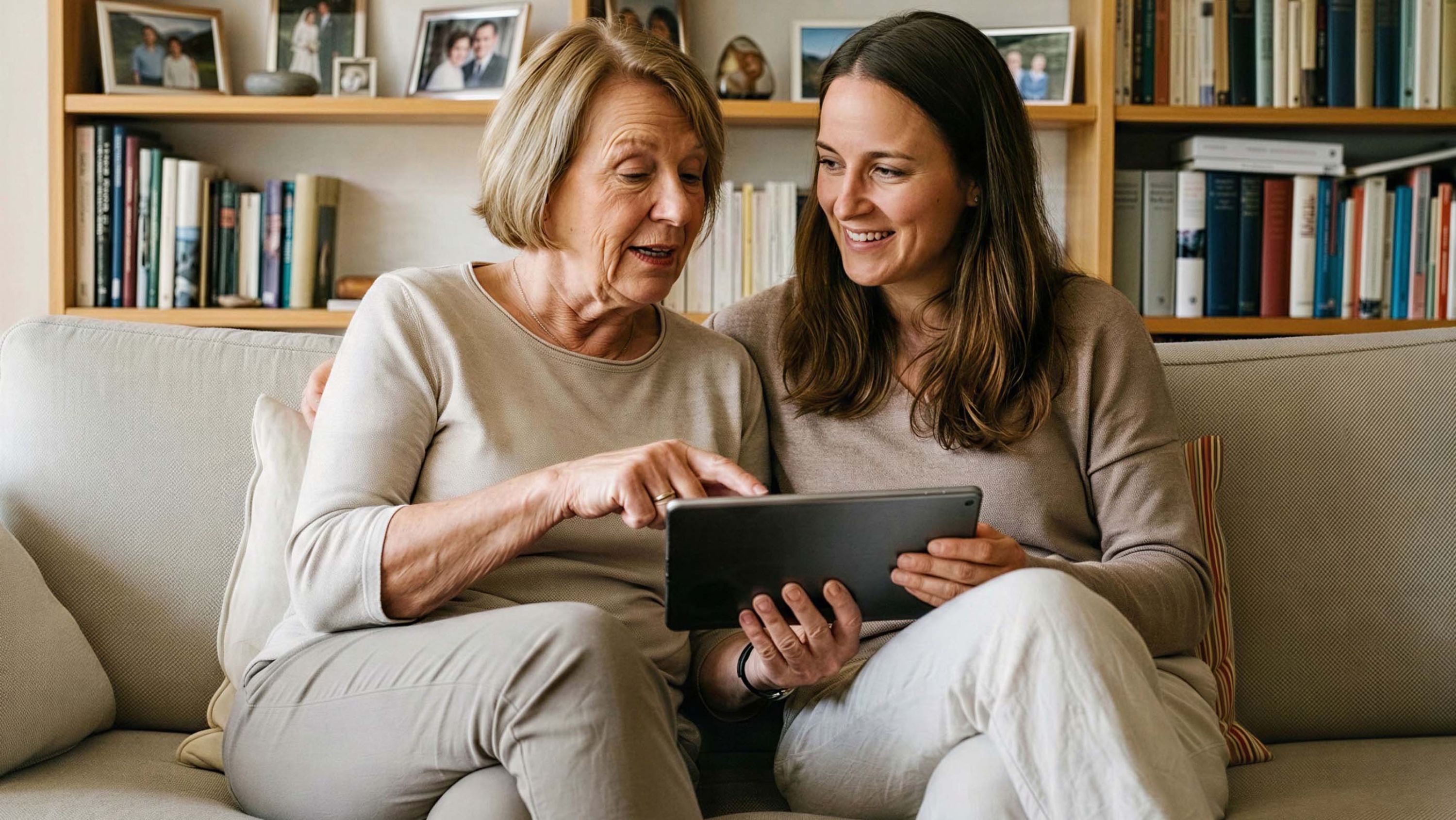 Eine ältere Person und eine jüngere sitzen nebeneinander auf der Couch und schauen auf ein Tablet.