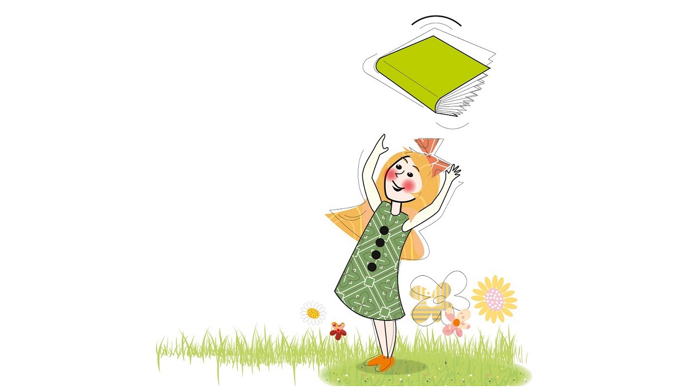 Ein Mädchen wirft freudig ein Buch in die Höhe.