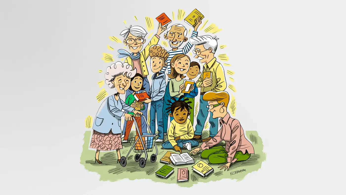 Kinder, Jugendliche, Seniorinnen und Senioren posieren mit Büchern. 