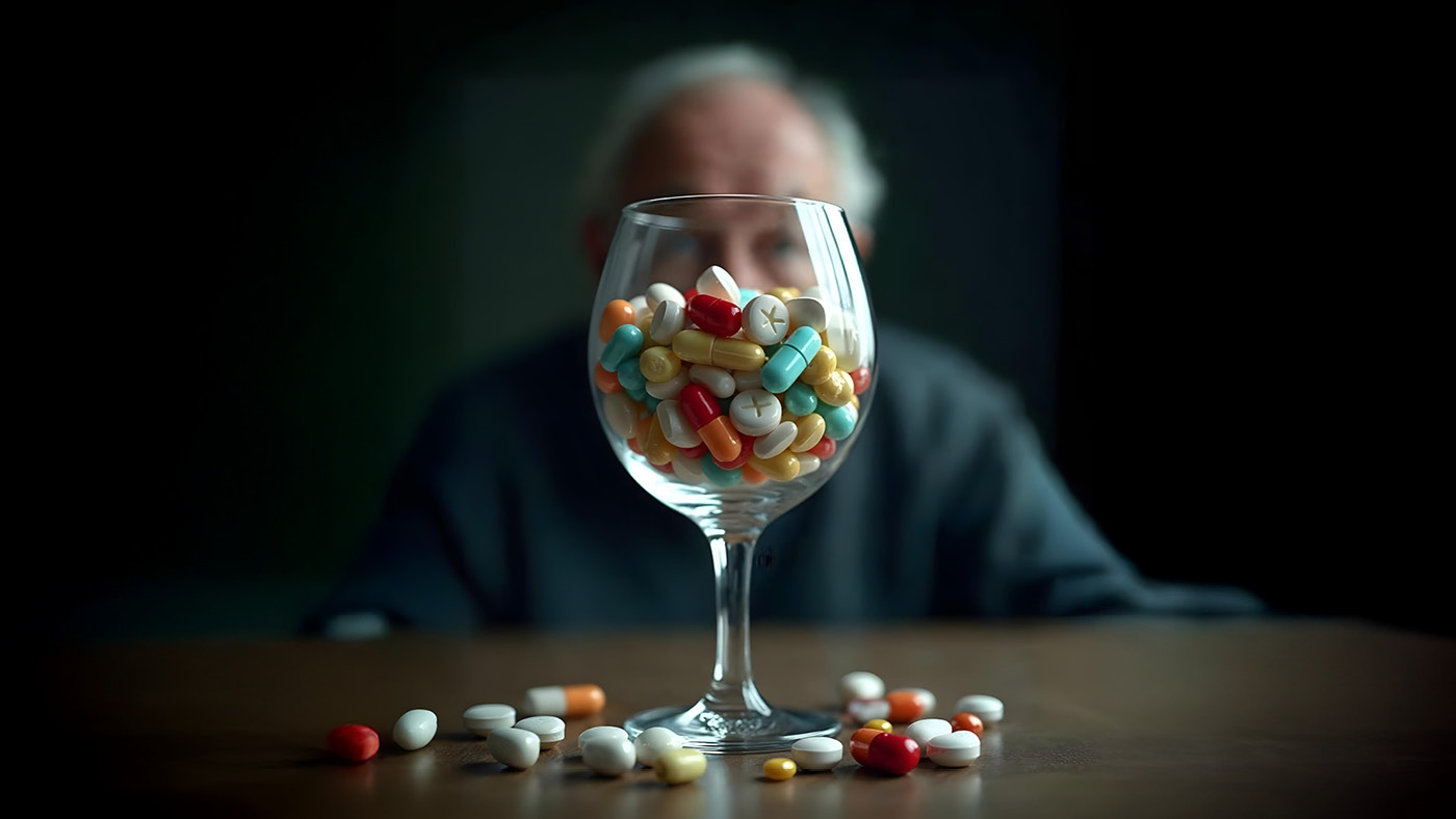 Ein älterer Mann sitzt an der Bar und schaut auf leere und volle Shot-Gläser mit Alkohol.