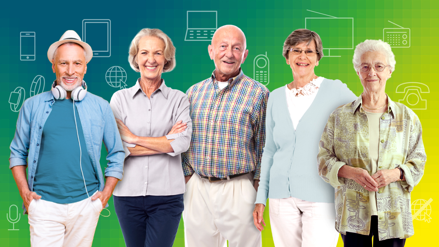 Fünf Seniorinnen und Senioren, die digital unterschiedlich unterwegs sind.