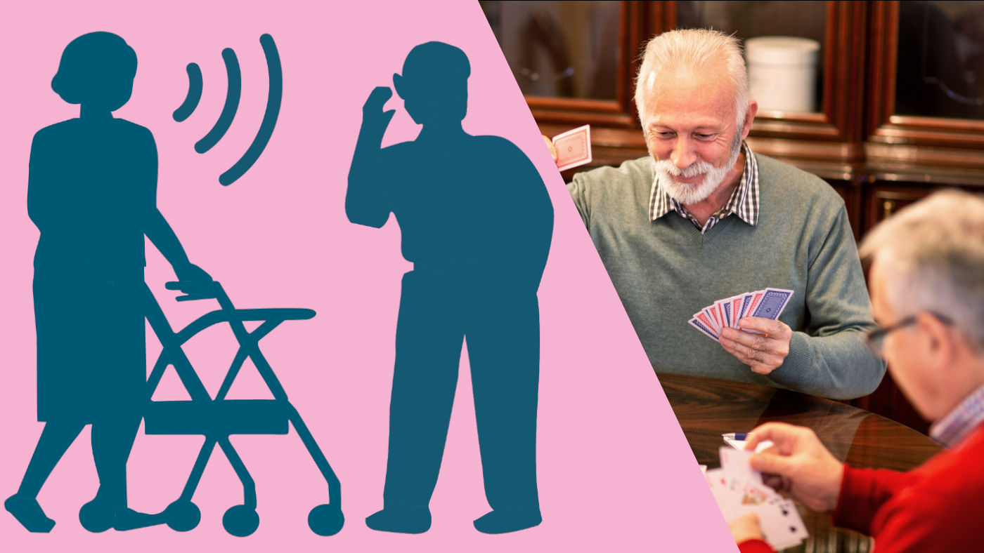 Seniorin mit Rollator, schwerhöriger Senior (links) Jassgruppe (rechts)
