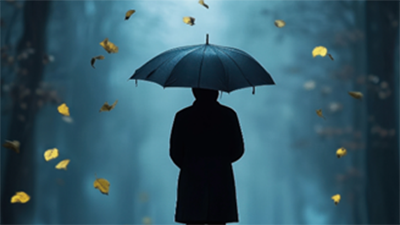 Mann bei Nacht im Wald von hinten mit Regenschirm 