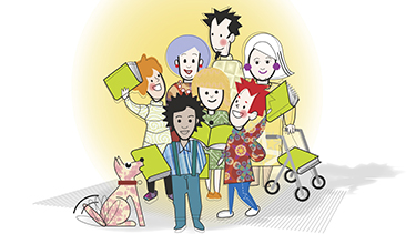 Eine Kinderzeichnung mit Kindern, Jugendlichen und älteren Menschen, die Bücher in den Händen halten.